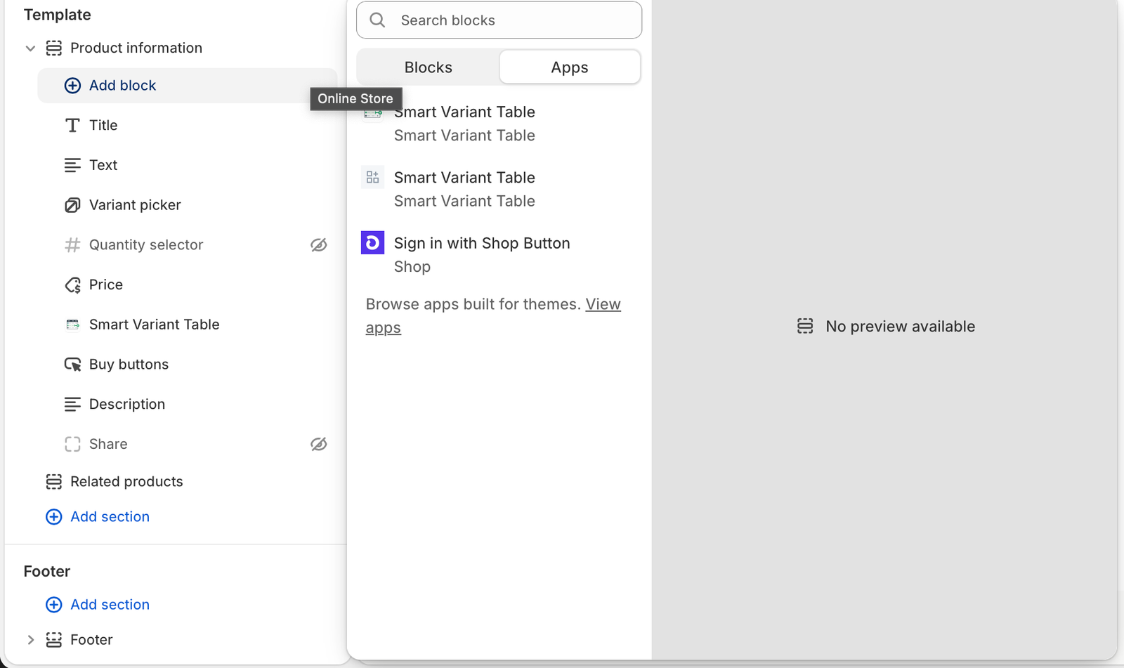 Shopify theme editor Smart Variant Table app block